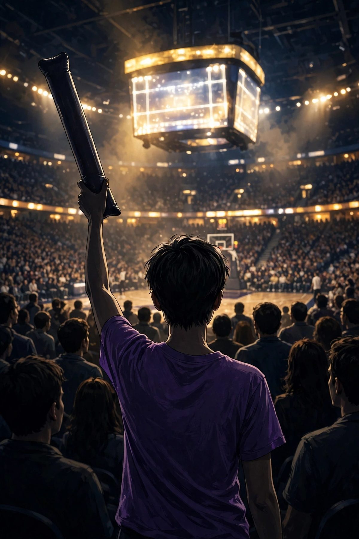 Illustration: a fan seen from behind in a purple T-shirt holding a thunderstick in a crowded basketball arena under a glowing jumbotron